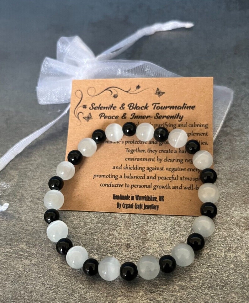 SELENITE and BLACK TOURMALINE Bracelet Stretch Fit Handmade With Gift Bag & Card Crystal Gemstone 8mm image 1