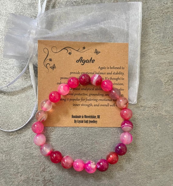 PINK STRIPED AGATE Bracelet Stretch Fit Handmade With Gift Bag & Card Crystal Gemstone 8mm