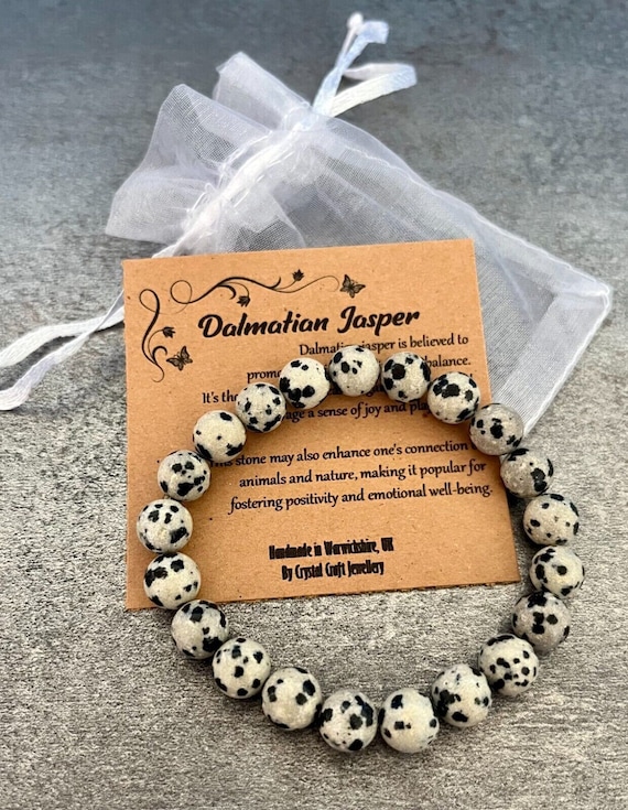 DALMATIAN JASPER Bracelet Stretch Fit Handmade With Gift Bag & Card Crystal Gemstone 8mm