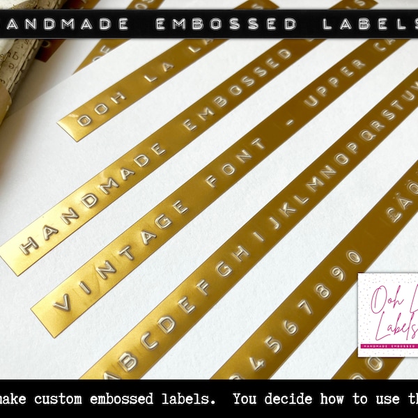 Gold Vintage Typewriter Style Custom Embossed Labels, Retro Embossed Name Labels, Dymo Embossed Food Spices Pantry Gift Organisation Labels