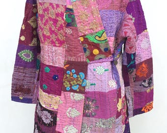 Vintage Kantha Handmade Cotton Long Overcoat Jacket Kantha Robe Gift for Her