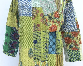 Kantha Quilted Kimono Jacket | Boho Patchwork Coat | Handmade Indian Front Open Jacket