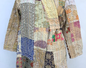 Patch Work Vintage Kantha Jacket Reversible Cotton And Silk Coat Handmade Boho Long Jacket