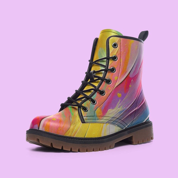 Colourful Combat Boots: Vibrant Rainbow Paint Splatter Design, Vegan Leather