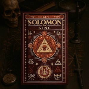 Può includere: Un libro bordeaux intitolato "The Key of Solomon the King" con intricate illustrazioni e simboli dorati. La copertina presenta un occhio centrale all'interno di un triangolo. Un teschio, un candelabro e un pugnale sono visibili sullo sfondo.