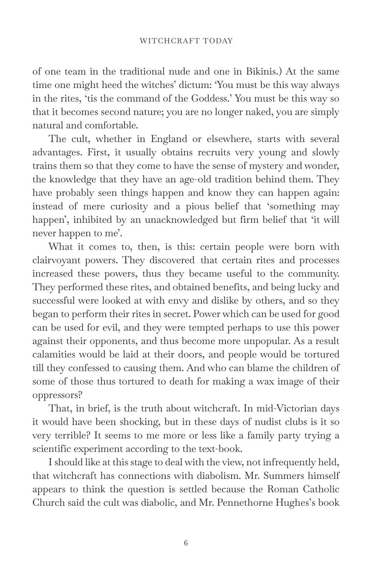 May include: A page from a book titled "Witchcraft Today" with text discussing witchcraft, rituals, and historical perspectives. The text is in black font on a cream-colored page. The number 6 is at the bottom.