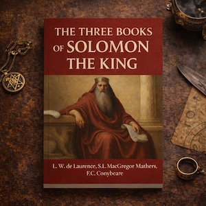Puede incluir: Un libro titulado "THE THREE BOOKS OF SOLOMON THE KING" con una portada roja y una pintura de un hombre sentado con una t&uacute;nica roja. Los autores del libro est&aacute;n listados debajo. El libro est&aacute; sobre una superficie marr&oacute;n.