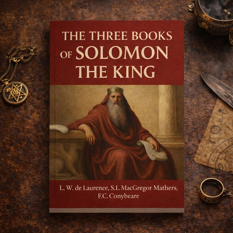 Puede incluir: Un libro titulado "THE THREE BOOKS OF SOLOMON THE KING" con una portada roja y una pintura de un hombre sentado con una t&uacute;nica roja. Los autores del libro est&aacute;n listados debajo. El libro est&aacute; sobre una superficie marr&oacute;n.