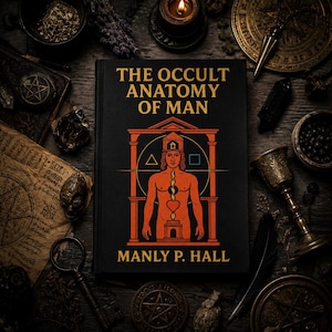 Könnte beinhalten: Ein schwarzes Buch mit dem Titel "The Occult Anatomy of Man" von Manly P. Hall, mit einer orangefarbenen Illustration einer menschlichen Figur und geometrischen Symbolen. Das Bild ist von okkulten Gegenständen wie Kerzen, Kristallen und einem Kelch umgeben.