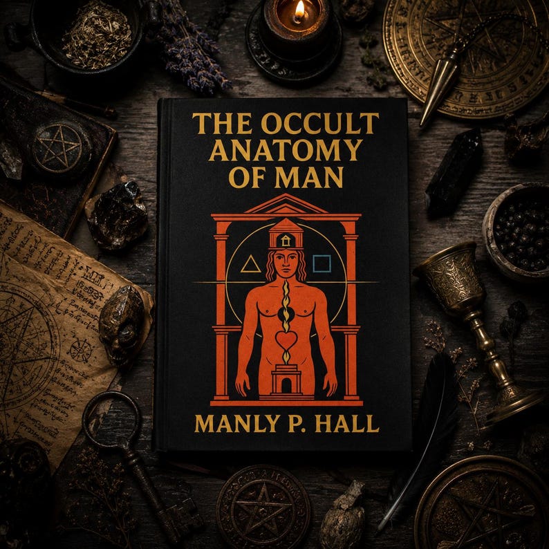 May include: A black book titled "The Occult Anatomy of Man" by Manly P. Hall, featuring an orange illustration of a human figure with geometric symbols. The image is surrounded by occult-themed objects like candles, crystals, and a chalice.