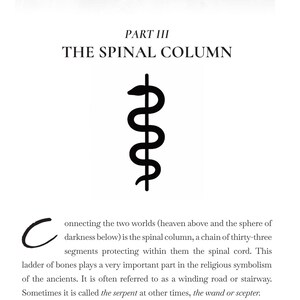 May include: A page from a book with the title "THE SPINAL COLUMN" and a black illustration of a serpent wrapped around a staff. The text describes the spinal column and its significance in religious symbolism.