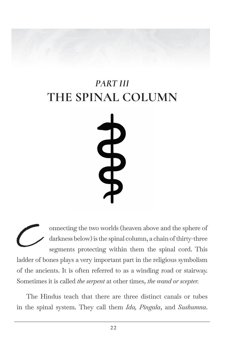 May include: A page from a book with the title "THE SPINAL COLUMN" and a black illustration of a serpent wrapped around a staff. The text describes the spinal column and its significance in religious symbolism.