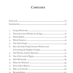 May include: A book's contents page with the title "Contents" at the top. The page lists chapter titles such as "Living Witchcraft" and "What Are Witches?" in a serif font. Page numbers are on the right.