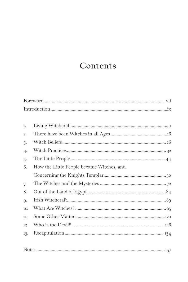 May include: A book's contents page with the title "Contents" at the top. The page lists chapter titles such as "Living Witchcraft" and "What Are Witches?" in a serif font. Page numbers are on the right.