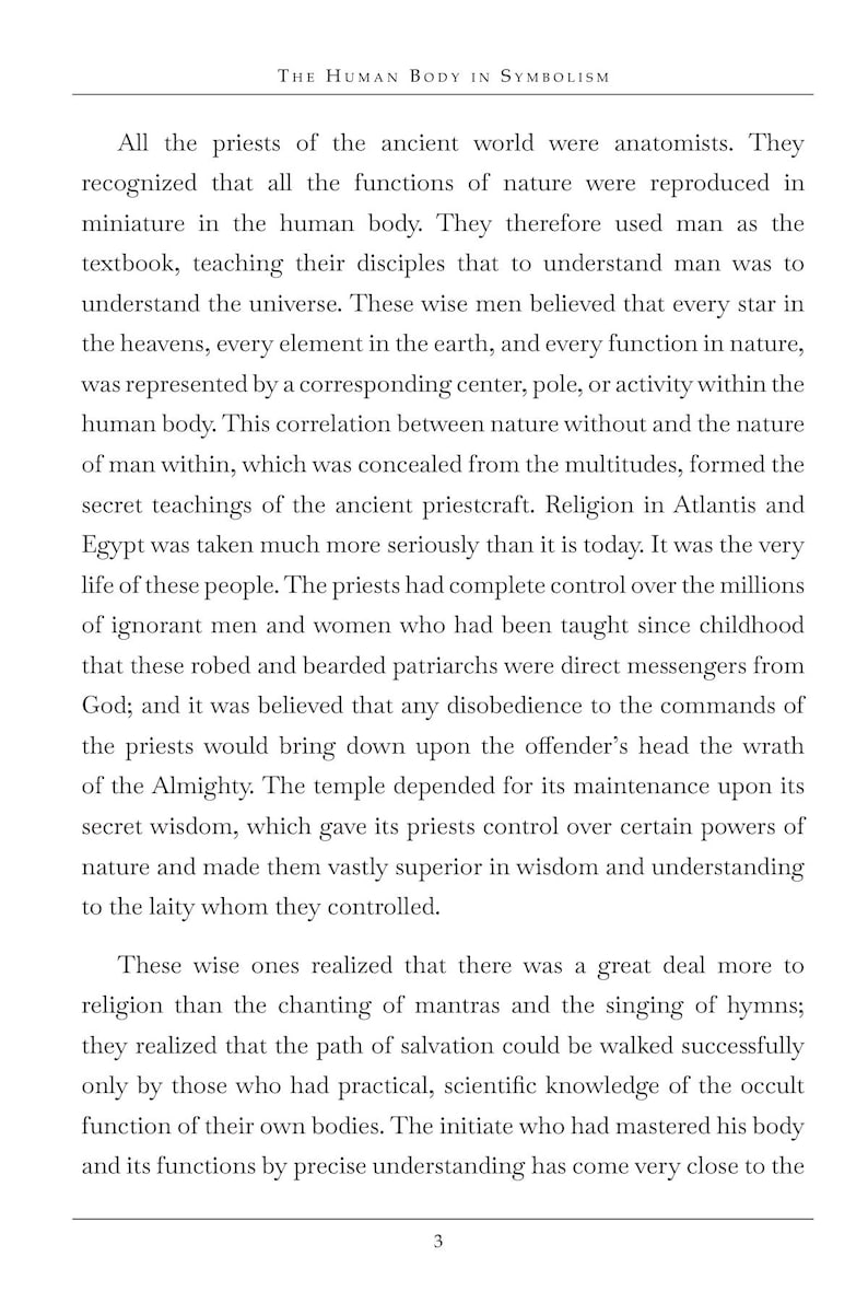 May include: A page from a book titled "The Human Body in Symbolism." The text discusses ancient priests, anatomy, and the relationship between the human body and the universe. The page is white with black text.