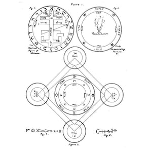 Puede incluir: Ilustraci&oacute;n detallada en blanco y negro con diagramas y s&iacute;mbolos m&iacute;sticos. La imagen incluye c&iacute;rculos, formas geom&eacute;tricas y texto en una fuente estilizada. La atenci&oacute;n se centra en los dise&ntilde;os y patrones intrincados.