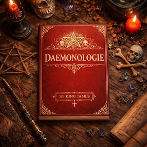 May include: A red book titled "Daemonologie" by King James, with gold ornate detailing and a star symbol. The book is surrounded by candles, skulls, a pentagram, and other occult items on a wooden surface.