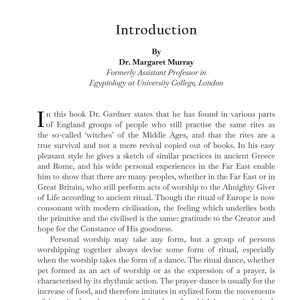 May include: A page from a book with the title "Introduction" and the author's name, Dr. Margaret Murray. The text discusses ancient rituals and worship practices, with a focus on the Middle Ages and ancient Greece.