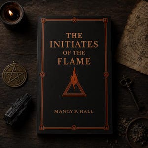Op de afbeelding: Een zwart boek getiteld The Initiates of the Flame door Manly P. Hall met oranje tekst en een centrale vlamafbeelding in een driehoek. De kaft heeft een rechthoekige rand met kleine pentagrammen op de hoeken en zijkanten van het kader.