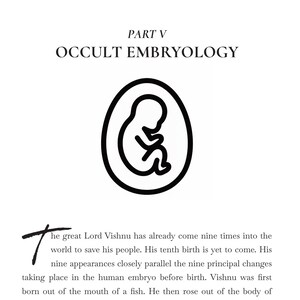 May include: A page from a book with the title "OCCULT EMBRYOLOGY" and a black and white illustration of a fetus inside an oval. The text describes the nine appearances of Lord Vishnu and the human embryo.