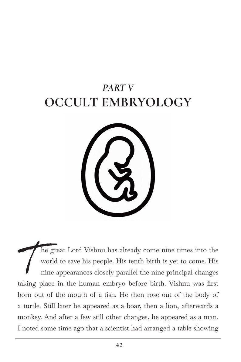 May include: A page from a book with the title "OCCULT EMBRYOLOGY" and a black and white illustration of a fetus inside an oval. The text describes the nine appearances of Lord Vishnu and the human embryo.