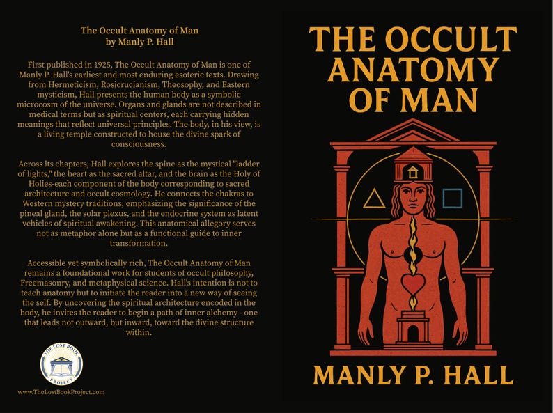 May include: Book cover for "The Occult Anatomy of Man" by Manly P. Hall. The cover features a stylized human figure with a flame and heart symbol, set against a black background with red and orange accents. Text includes the title and author's name.