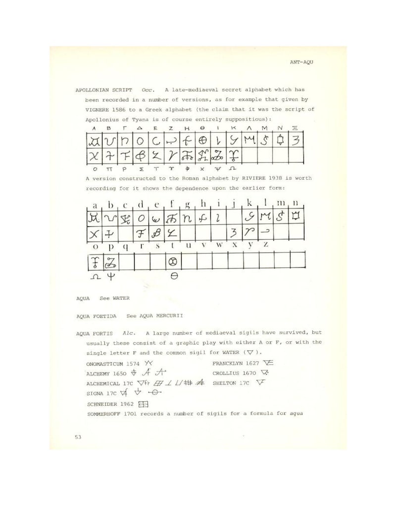 Puede incluir: Una p&aacute;gina de libro antigua con texto y s&iacute;mbolos manuscritos. El texto incluye "APOLLONIAN SCRIPT" y "AQUA FORTIS". Se muestran diferentes alfabetos y s&iacute;mbolos, con referencias a figuras hist&oacute;ricas y fechas. El papel tiene un tono amarillento.