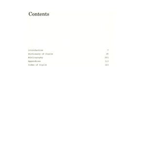 Puede incluir: Una p&aacute;gina de libro con el t&iacute;tulo "Contents" en la parte superior. Debajo, una lista incluye "Introduction", "Dictionary of Sigils", "Bibliography", "Appendices" e "Index of Sigils", con los n&uacute;meros de p&aacute;gina correspondientes.