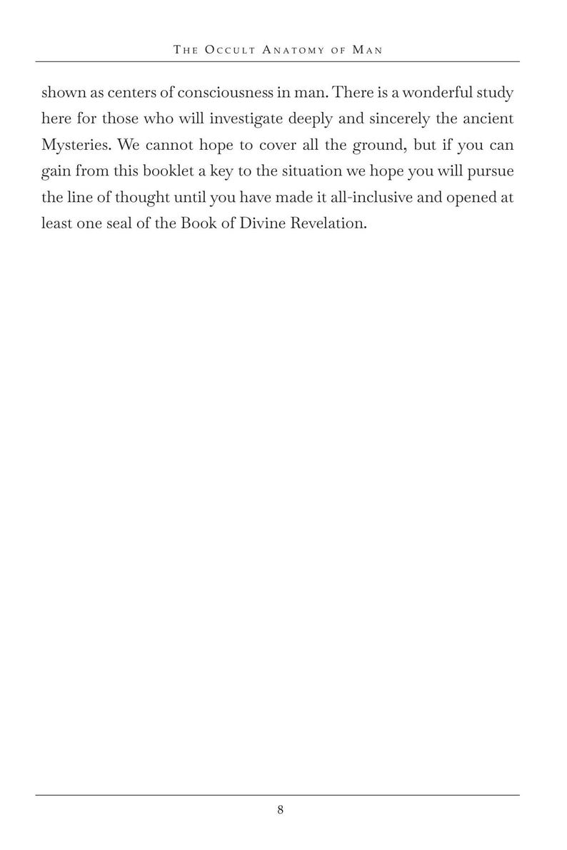 May include: A page from "The Occult Anatomy of Man" with text discussing consciousness and ancient mysteries. The text is in a serif font on a white background. The number 8 is at the bottom.