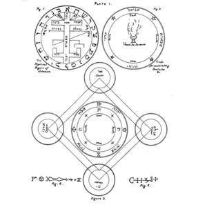 Puede incluir: Ilustraci&oacute;n en blanco y negro de diagramas y s&iacute;mbolos m&iacute;sticos. La imagen incluye c&iacute;rculos, formas geom&eacute;tricas y texto en una fuente estilizada. El texto incluye las palabras "Plate 1", "The Mystical Figure of Solomon" y "Vessel for Incense".