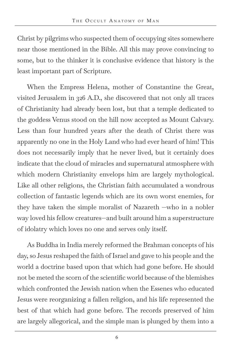 May include: A page from a book titled "The Occult Anatomy of Man" with text discussing religious history and mythology. The text is in black font on a cream-colored background.