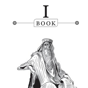 Puede incluir: Ilustraci&oacute;n en blanco y negro de una figura anciana con t&uacute;nicas, sosteniendo un pergamino. La palabra "BOOK" se muestra en un rect&aacute;ngulo, encima de la figura, con la letra "I" encima. La imagen est&aacute; sobre un fondo blanco.