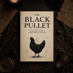 Pode incluir: Um livro intitulado The Black Pullet: Comprising the Science of Magical Talismans and Rings, com uma ilustração de uma galinha preta numa capa bege com arte linear celestial, rodeado por uma bússola, anéis e ervas secas.