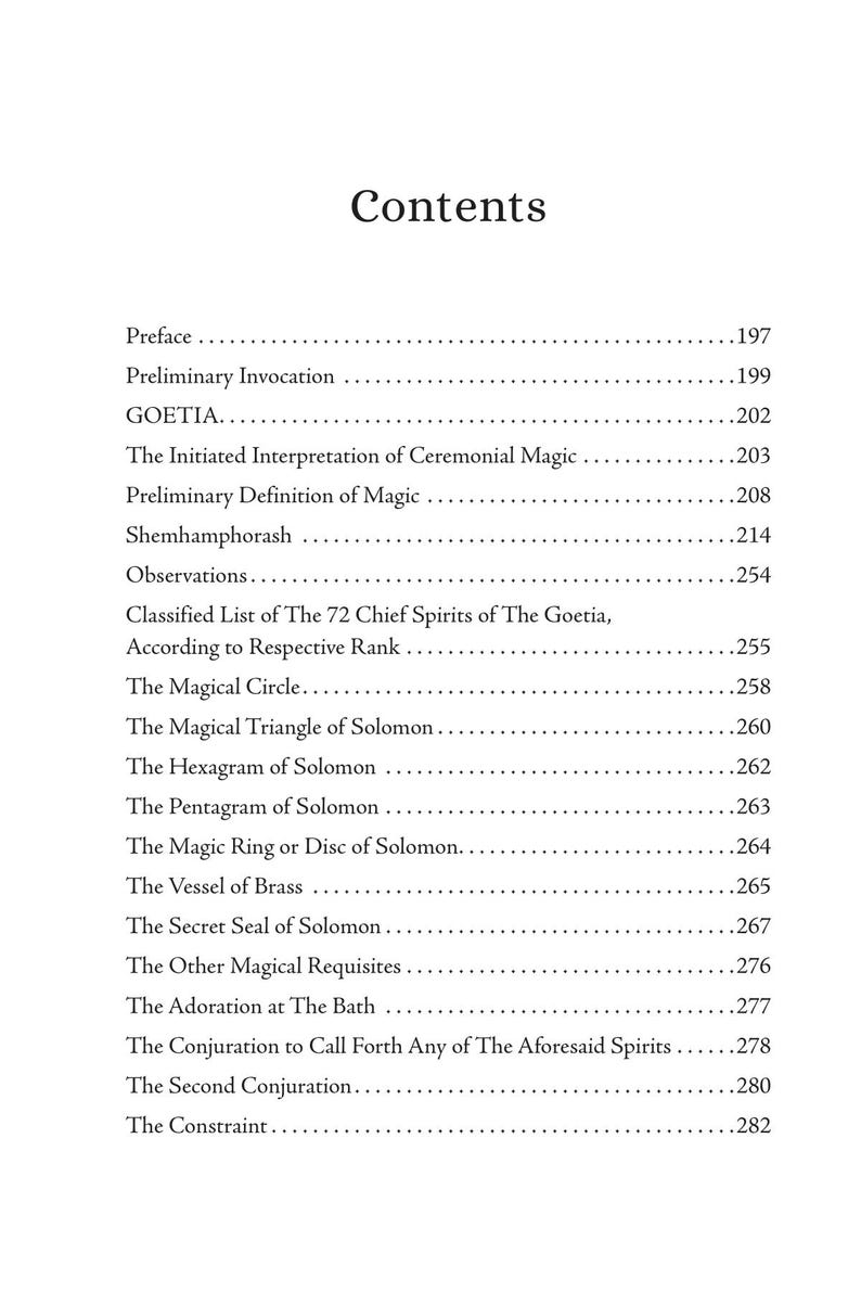 Puede incluir: P&aacute;gina de contenido de un libro con el t&iacute;tulo "Contents" en la parte superior. Enumera t&iacute;tulos de cap&iacute;tulos y n&uacute;meros de p&aacute;gina, incluyendo "GOETIA", "The Magical Circle" y "The Secret Seal of Solomon".