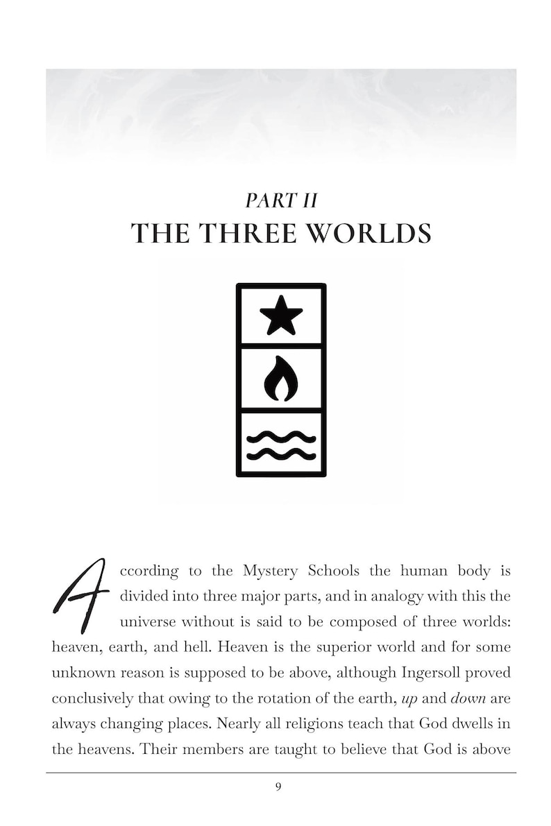 May include: Page from a book with the title "PART II THE THREE WORLDS". The page features a black and white illustration of three stacked symbols: a star, a flame, and waves. Text describes the three worlds.