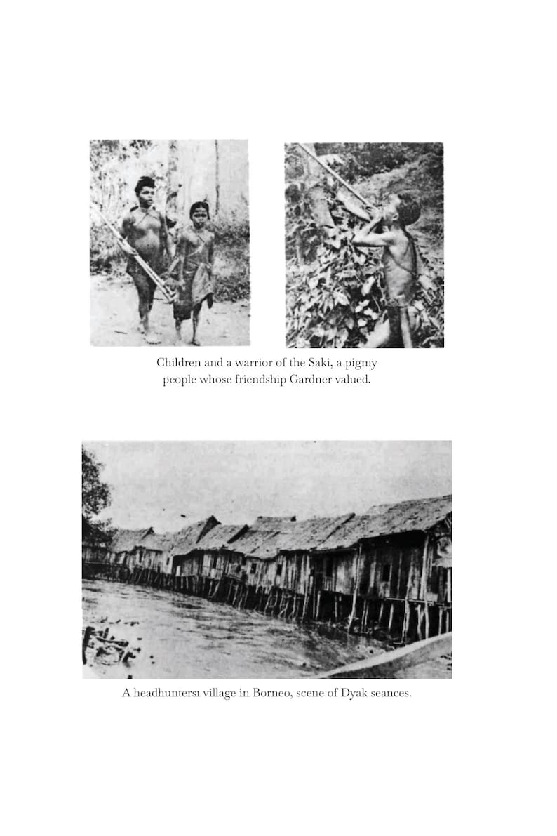 May include: Black and white photographs depicting scenes of indigenous life. One shows a warrior and children, another a person in foliage, and a third a village on stilts. Text includes "Children and a warrior of the Saki..." and "A headhuntersi village in Borneo..."