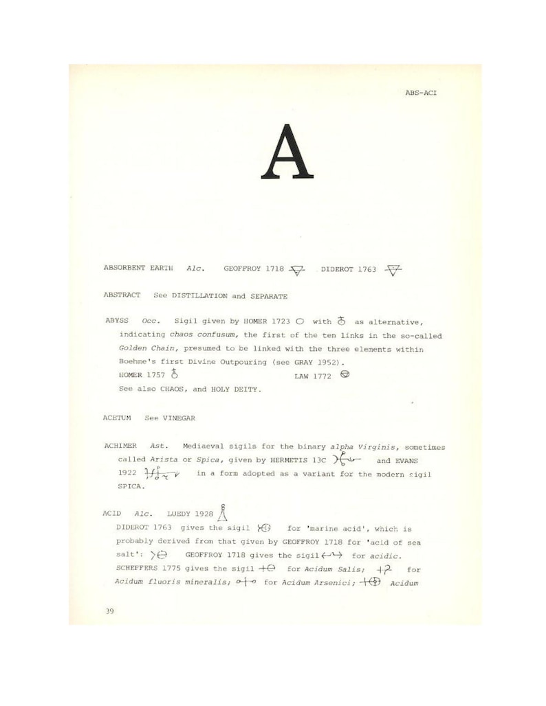 Puede incluir: Una p&aacute;gina de un libro con la letra "A" en la parte superior, seguida de texto y s&iacute;mbolos. El texto incluye t&eacute;rminos como "Absorbent Earth", "Abstract" y "Acid". La p&aacute;gina es de color blanquecino con texto negro.