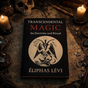 May include: A black book titled "TRANSCENDENTAL MAGIC" with the subtitle "Its Doctrine and Ritual" and the author's name, ÉLIPHAS LÉVI. The cover features a circular illustration of a horned figure. The book is surrounded by candles, a skull, and other occult items.