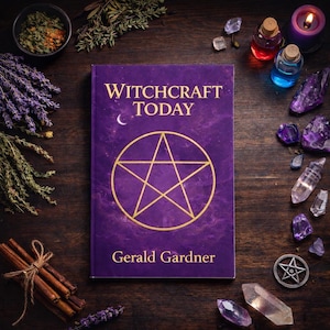 May include: A purple book titled "Witchcraft Today" with a gold pentagram and crescent moon design. The book is surrounded by crystals, herbs, candles, and potion bottles on a dark wooden surface.