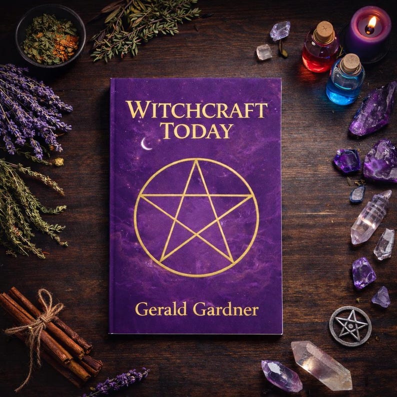 May include: A purple book titled "Witchcraft Today" with a gold pentagram and crescent moon design. The book is surrounded by crystals, herbs, candles, and potion bottles on a dark wooden surface.