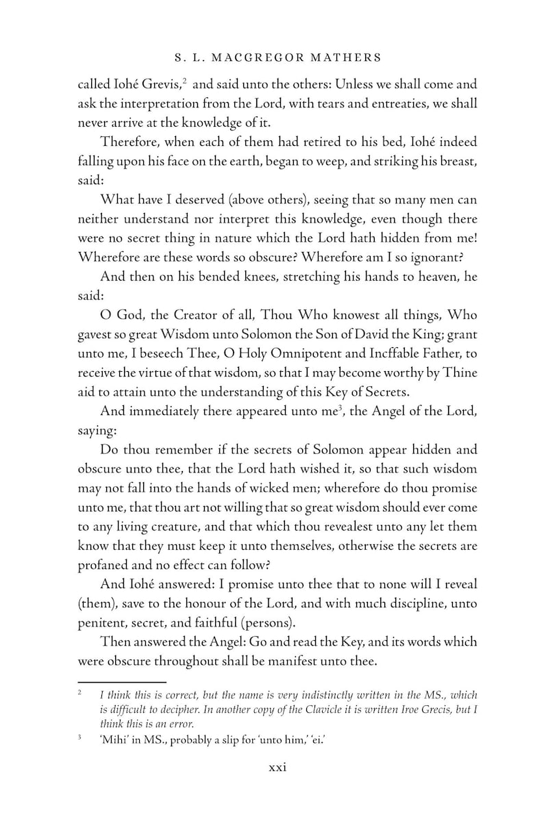 Puede incluir: P&aacute;gina impresa de un libro con texto de S. L. Macgregor Mathers. El texto negro sobre fondo blanco, con notas al pie y n&uacute;mero de p&aacute;gina. El t&iacute;tulo y el nombre del autor est&aacute;n en la parte superior.
