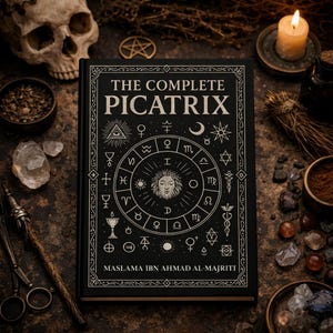 以下が含まれることがあります： 「THE COMPLETE PICATRIX」というタイトルの黒い本で、複雑な白いイラストとテキストが特徴です。本は、骸骨、クリスタル、ろうそくなど、神秘的なテーマを作り出すオカルトアイテムに囲まれています。