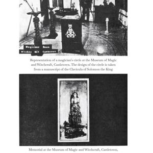 May include: Black and white images from the Museum of Magic and Witchcraft. The top image shows a magician's circle with text. The bottom image is a memorial to Margrate ine Quane and her son.