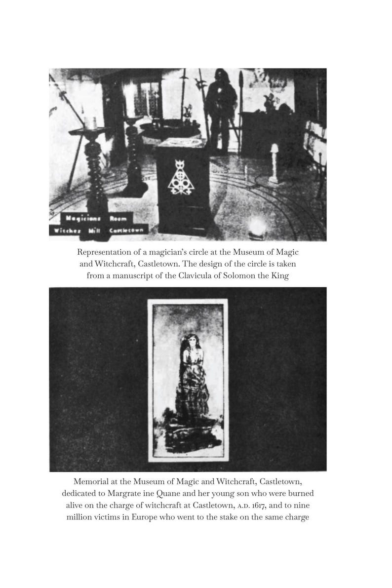 May include: Black and white images from the Museum of Magic and Witchcraft. The top image shows a magician's circle with text. The bottom image is a memorial to Margrate ine Quane and her son.