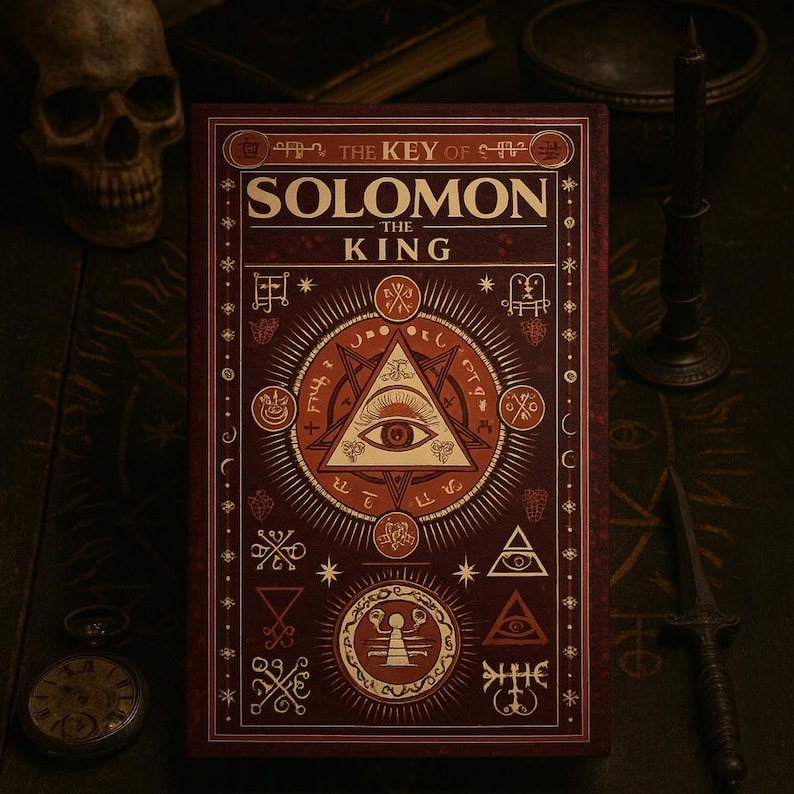 Puede incluir: Un libro de color burdeos titulado "The Key of Solomon the King" con intrincadas ilustraciones y texto dorados. La portada presenta un ojo central dentro de un tri&aacute;ngulo, rodeado de s&iacute;mbolos. Una calavera, un candelabro y una daga est&aacute;n en el fondo.