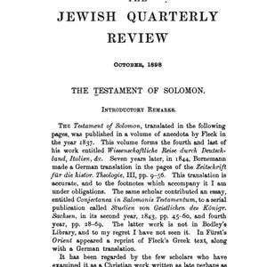 Puede incluir: P&aacute;gina de "The Jewish Quarterly Review" de octubre de 1898, con texto sobre "El Testamento de Salom&oacute;n". La p&aacute;gina tiene papel envejecido con texto negro, mostrando escritura acad&eacute;mica hist&oacute;rica.