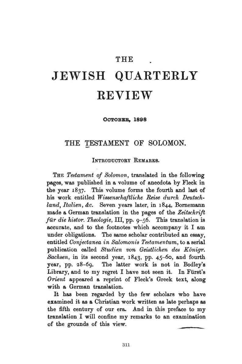 Puede incluir: P&aacute;gina de "The Jewish Quarterly Review" de octubre de 1898, con texto sobre "El Testamento de Salom&oacute;n". La p&aacute;gina tiene papel envejecido con texto negro, mostrando escritura acad&eacute;mica hist&oacute;rica.