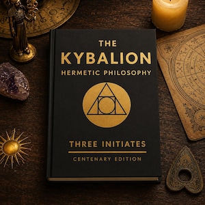 May include: A black hardcover book titled The Kybalion Hermetic Philosophy by Three Initiates Centenary Edition. The cover features gold text and a central gold circle containing a triangle and a circle symbol, centered on the front cover.