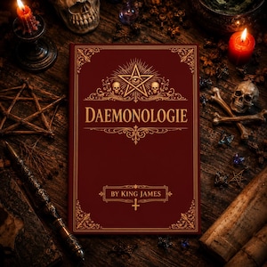 Op de afbeelding: Een donkerrood hardcover boek met de titel DAEMONOLOGIE BY KING JAMES, voorzien van gouden filigraan, een centraal pentagram met een oog en twee kleine schedels. Het omslagontwerp bevat sierlijke hoekversieringen en een omgekeerd kruis.