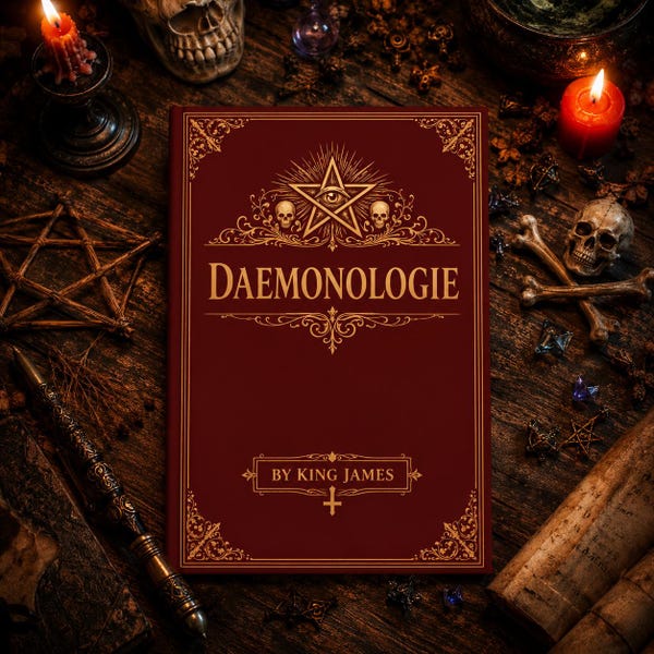 May include: A dark red hardcover book titled DAEMONOLOGIE BY KING JAMES, featuring gold embossed filigree, a central pentagram with an eye, and two small skulls. The cover design includes ornate corner flourishes and an inverted cross symbol.